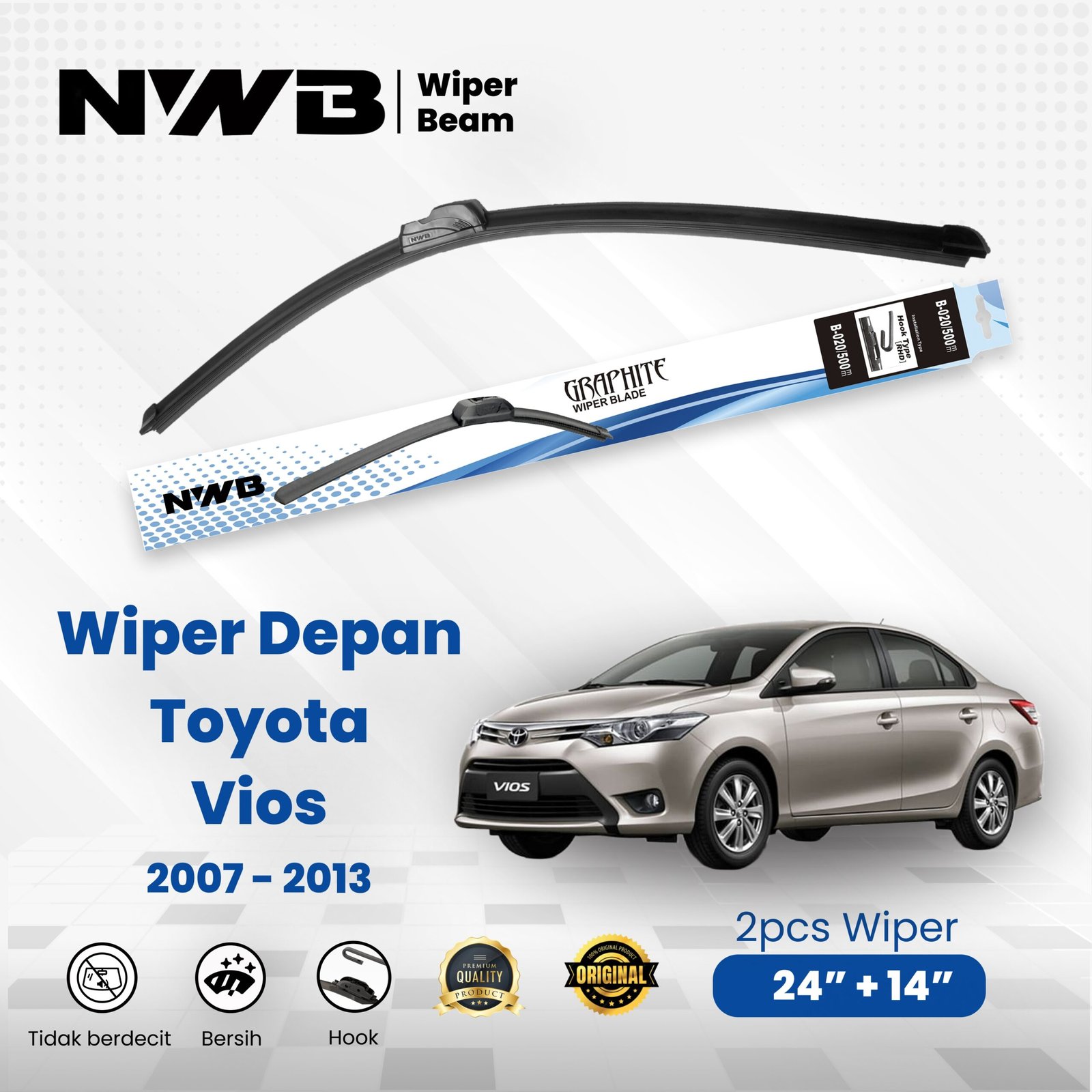 Wiper Mobil Beam/frameless Toyota Vios 2007 - 2013 (WPB 24" & 14")
